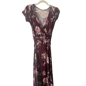 About A Girl Maxi dress Womens Small Maroon Pink Floral Waist Tie V Neck Bodycon